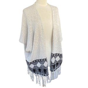 Taylor & Sage Fringe Open Front Poncho Ivory Black Knit Equestrian-L
